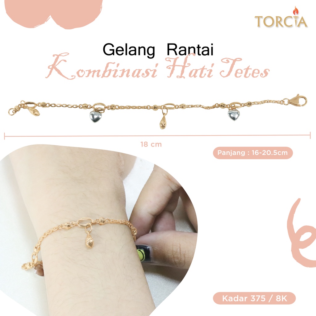 Gelang Rantai Emas Asli Kombinasi Hati Tetes Kadar 375 Torcia