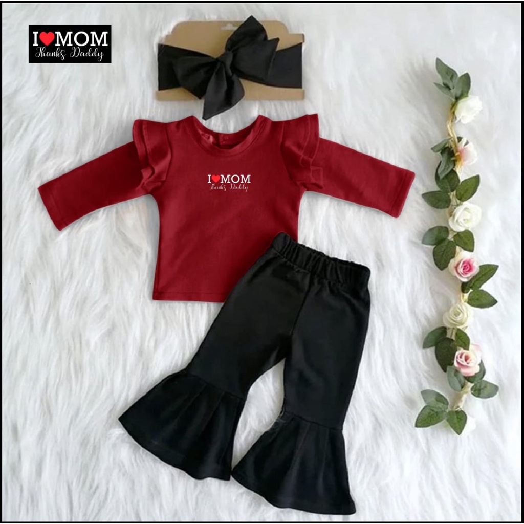 Stelan Kaos Anak Perempuan Celana Cutbray 1-8 Tahun/Atasan Lengan Panjang/model Kerutan Sablon I ❤️ MOM/  Set Lala Kids/ Matt Babyterry