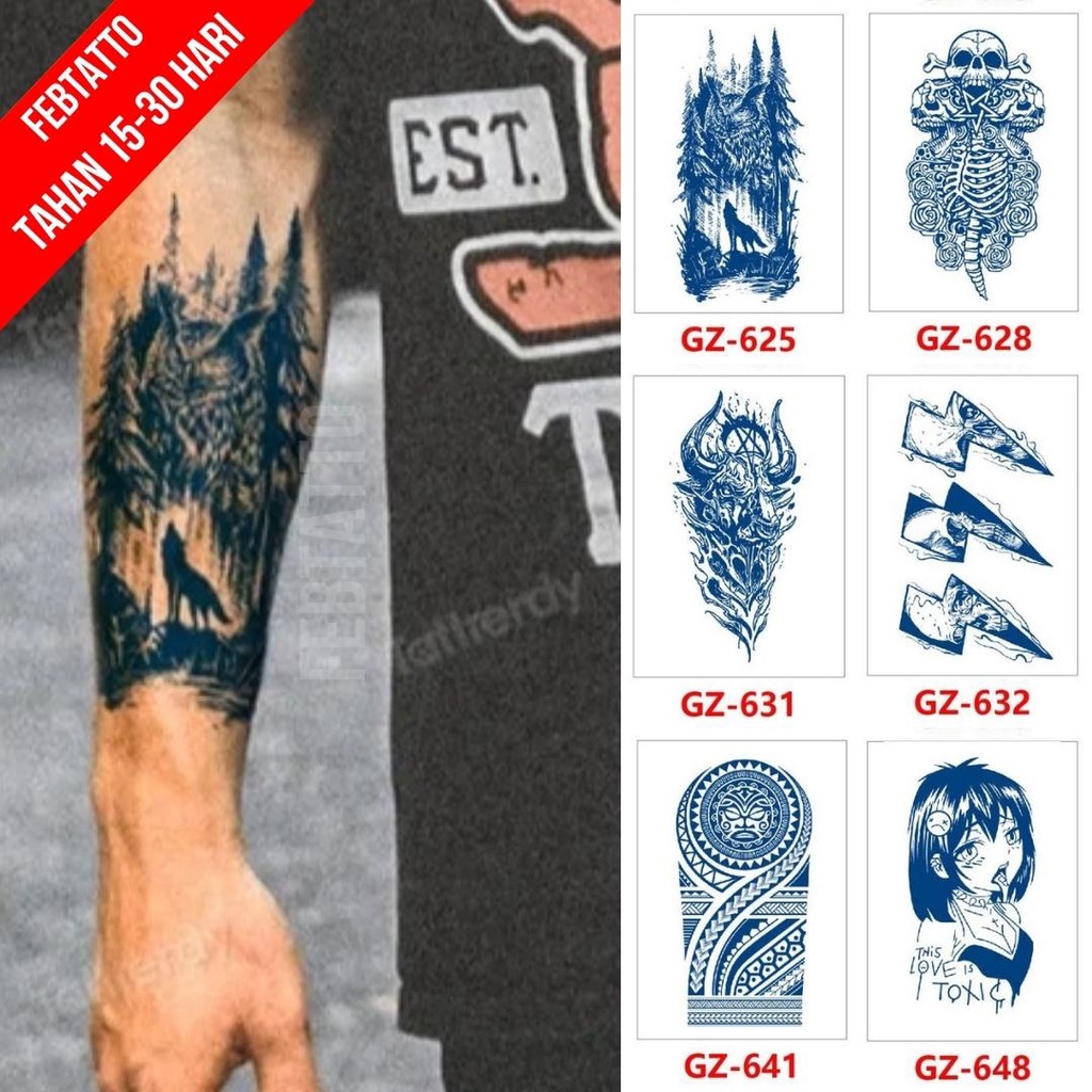 Tato Temporer Ukuran 18cm x 11cm Motif GZ 625 Srigala Hutan Tato Lengan Tato Dada Tato Tangan Tato K