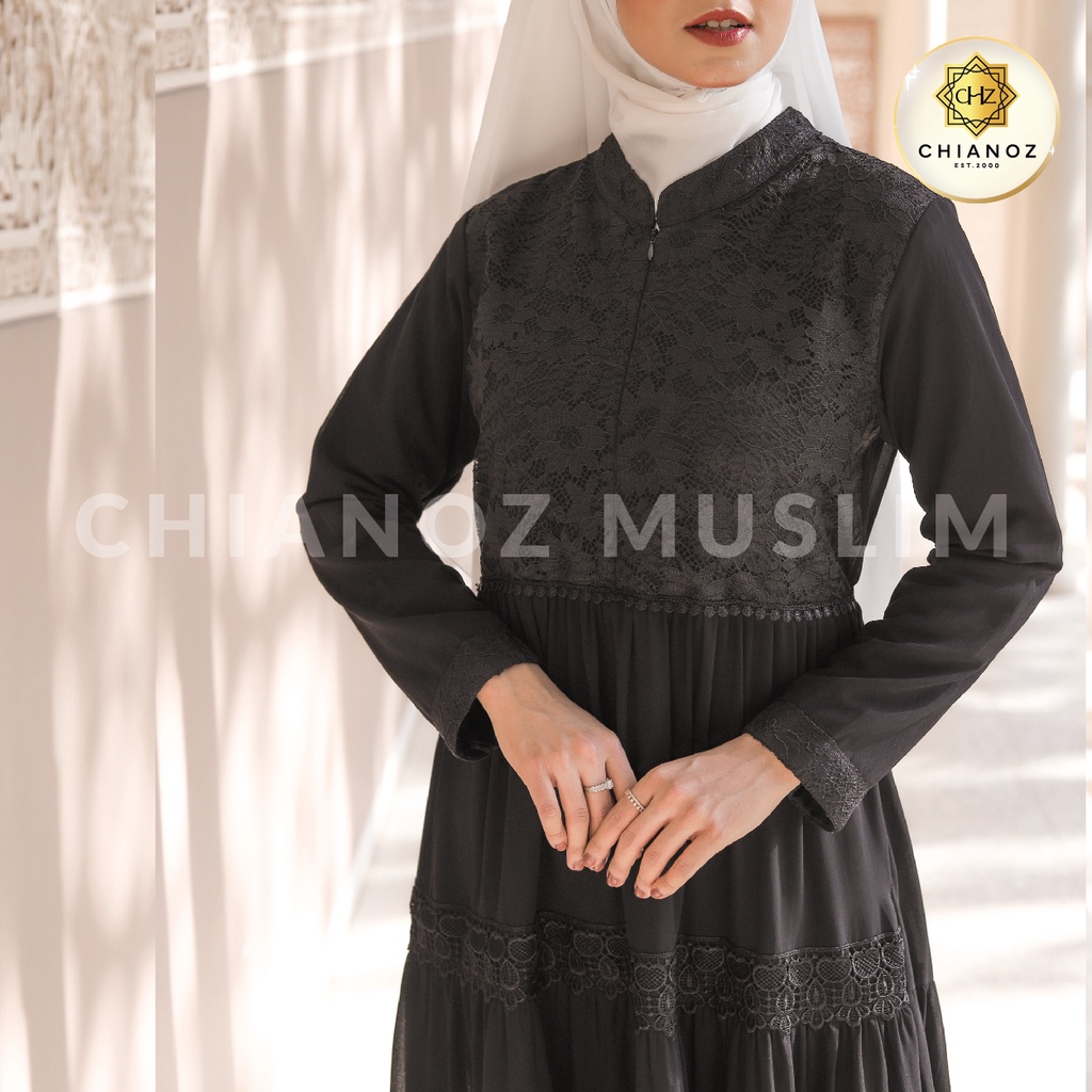 CHIANOZ Gamis Hitam Mewah Amelia  Dress Brukat Renda Baju Lebaran Umroh Haji Manasik Pesta Akad 504 220