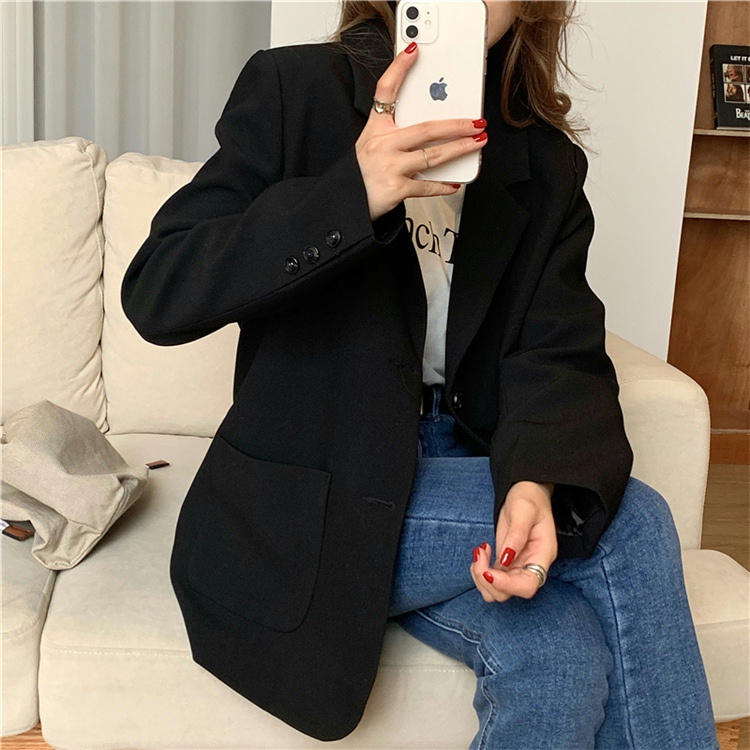 EUNII Blazer Wanita Outer Lengan Panjang Wanita Polos Oversize Korean Style