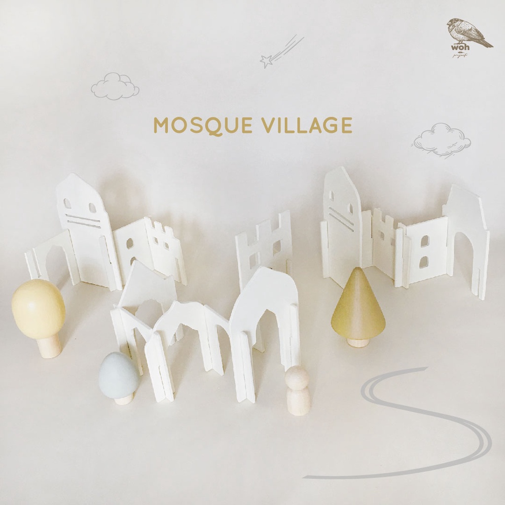 WOH Projects | Mosque Village Set Toys, Set Mainan Kayu Masjid, Balok Kayu Masjid