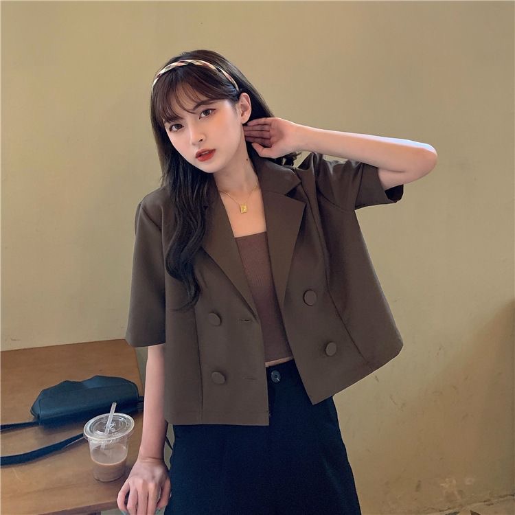 EUNII [3 warna]Jaket Crop Blazer Lengan Pendek Hitam Kasual untuk Wanita Korean Style