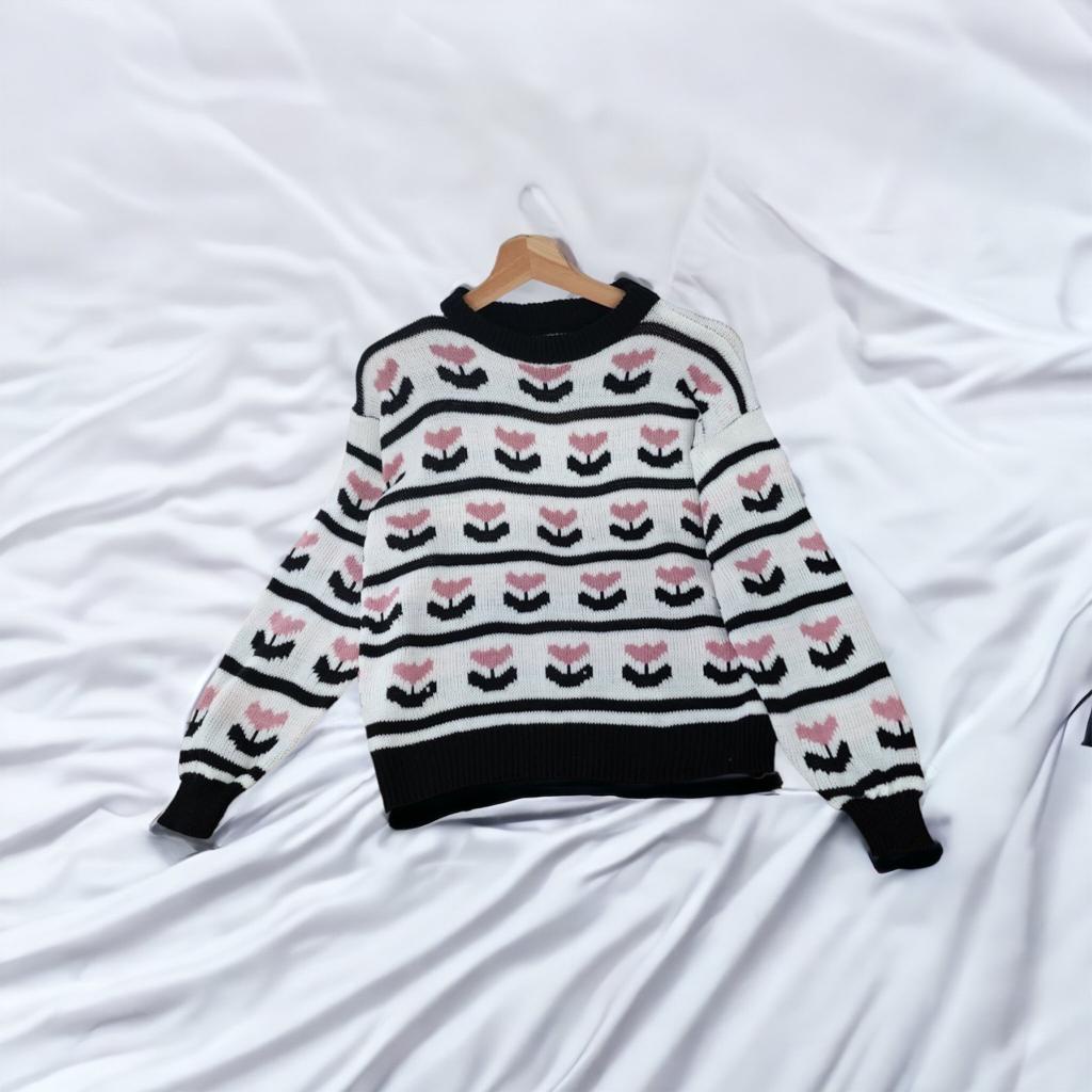 SWEATSHIRT RAJUT KOREAN // SWEATER WANITA TULIP SALUR OUTER MINIMALIS RAMPING TERBARU