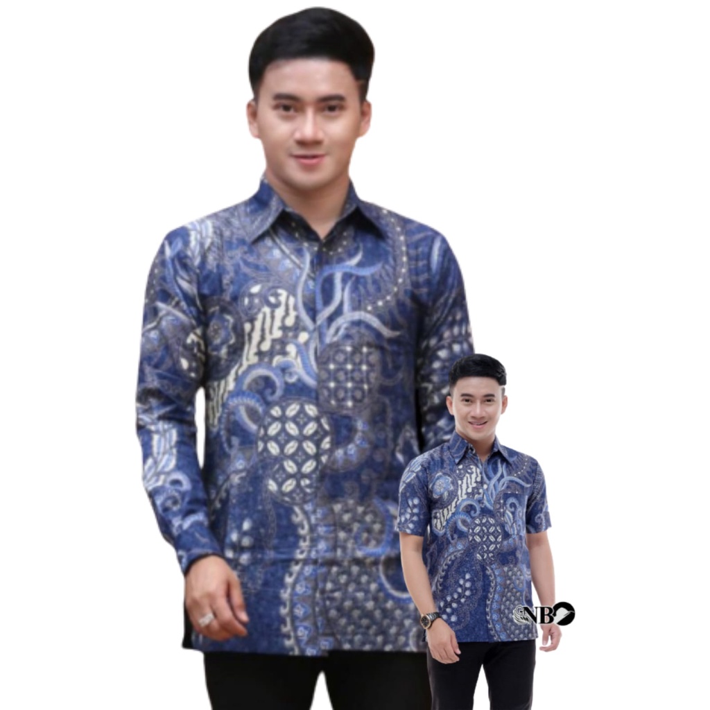 KEMEJA HEM BATIK PRIA LENGAN PANJANG MOTIF BANYUU BIRU