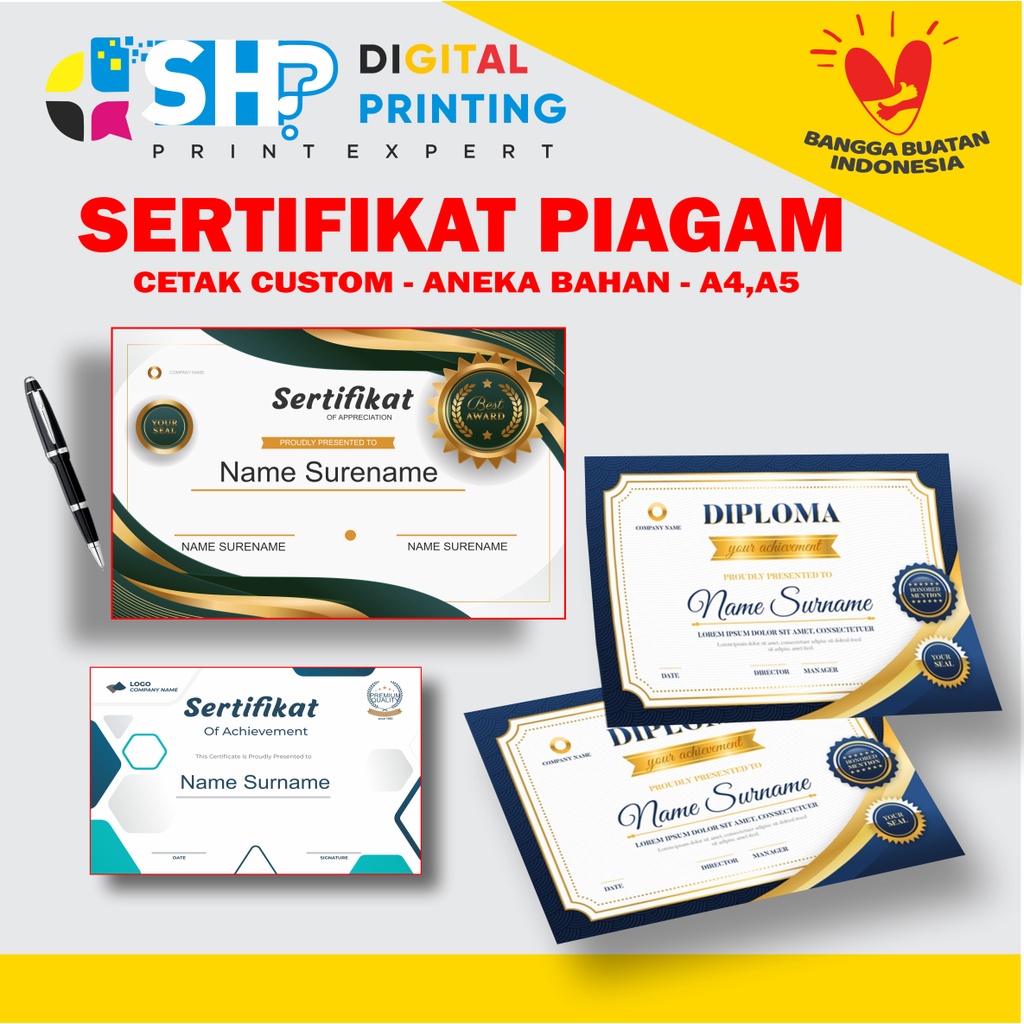 Cetak sertifikat Piagam Penghargaan Muarah  Sertifikat Piagam Full color Custom A4 A5