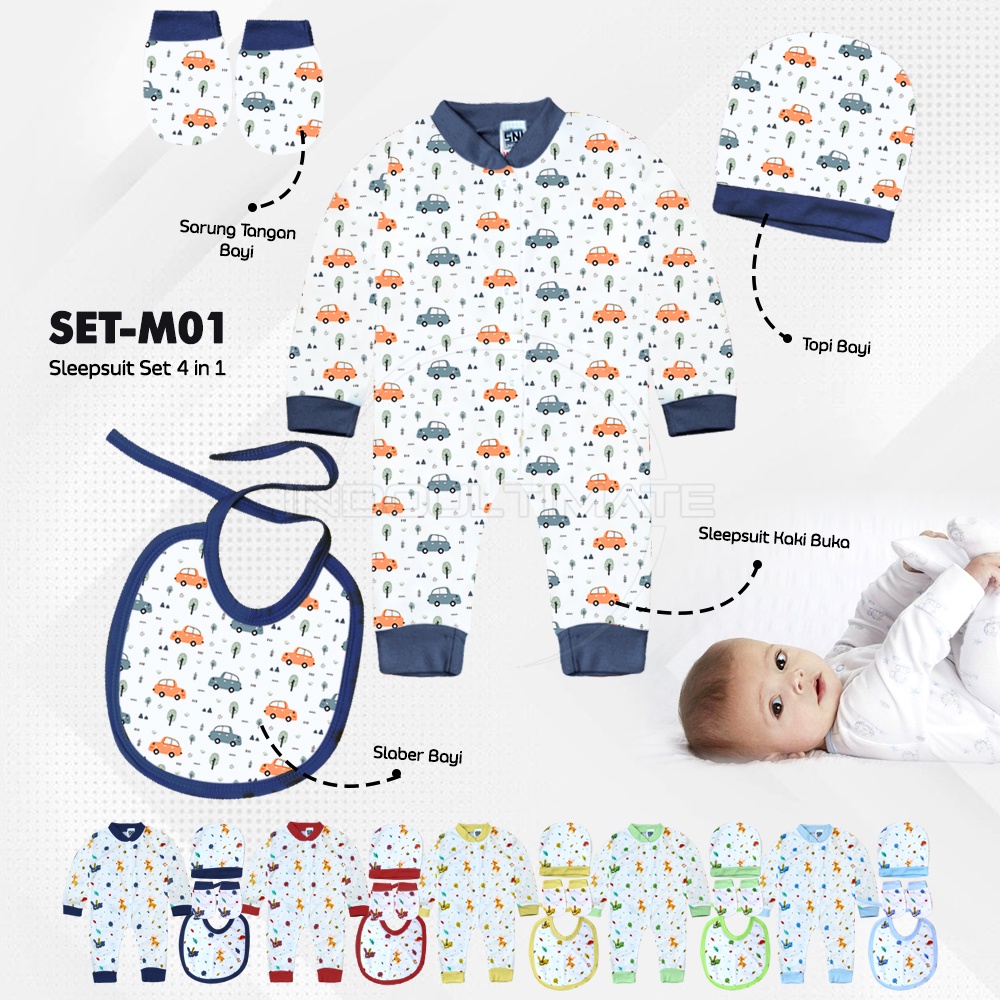 SNI 4in1 Paket Baju Bayi baru lahir Sleepsuit STK Piyama Jumper jumsuit tidur bayi SET-M01 Hampers hamper kado lahiran Sleber Slaber bib sarung tangan kaki kaos kaki bayi baru lahir newborn laki-laki perempuan 0-3 0-6 bulan kaki buka tutup