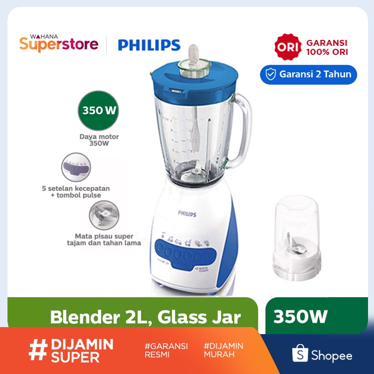 Philips Blender Gelas Kaca 2in1 2 Liter - HR2116 | HR2116/30 - Biru