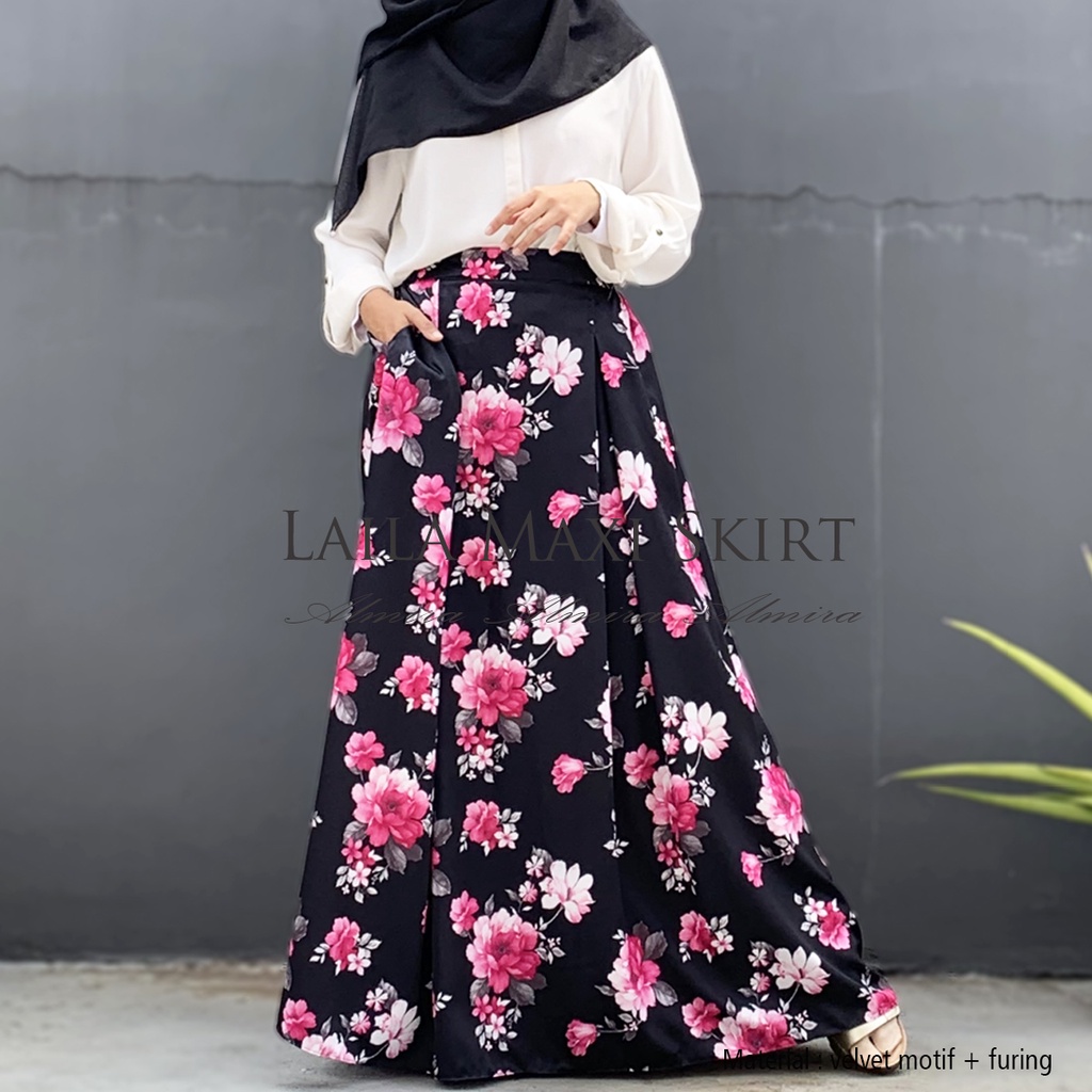 Rok Panjang Muslimah Motif Bunga  Laila Maxi Maksi Skirt  Panjang 100cm Satin Maxmara Cantik  Glossy Mewah