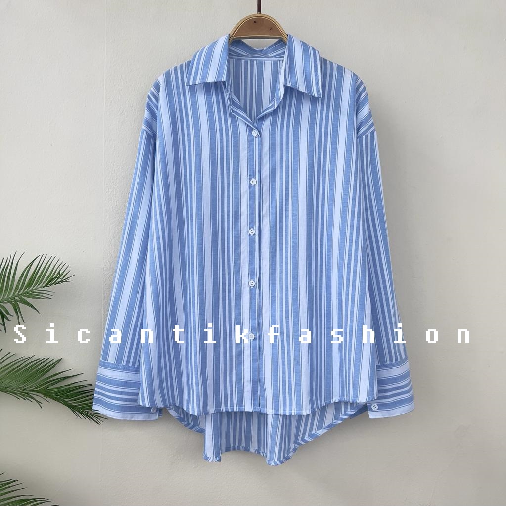 Kemeja Wanita Salur Import / Atasan Cewek Garis-garis Tangan Panjang