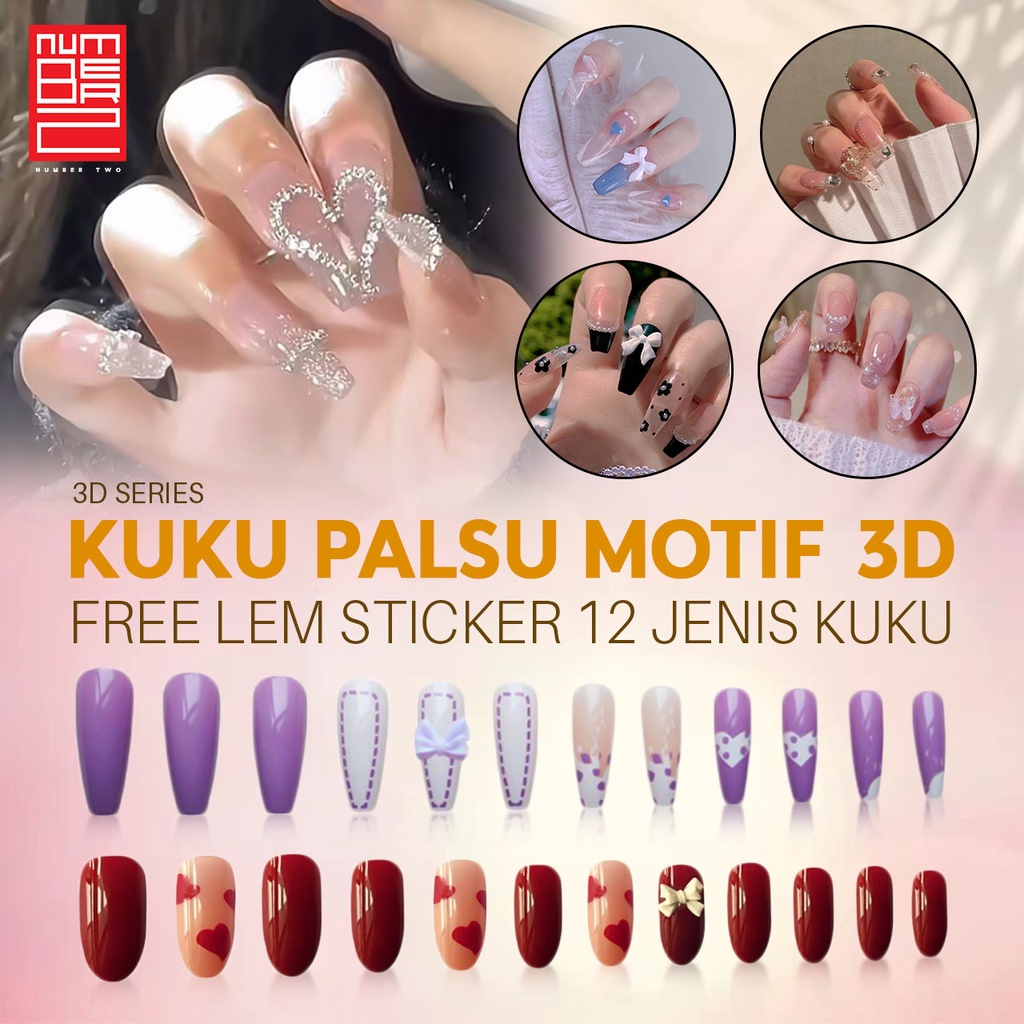 Kuku palsu 3d nail art timbul lucu fake nails panjang estetik esthetic elegan elegant motif imut cantik wedding pengantin mewah warna biru merah ungu tanpa lem yang lem