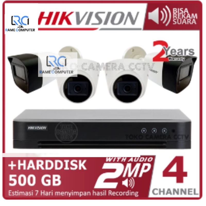 PAKET KAMERA CCTV HIKVISION 2MP 4 CHANNEL AUDIO HDD 500GB