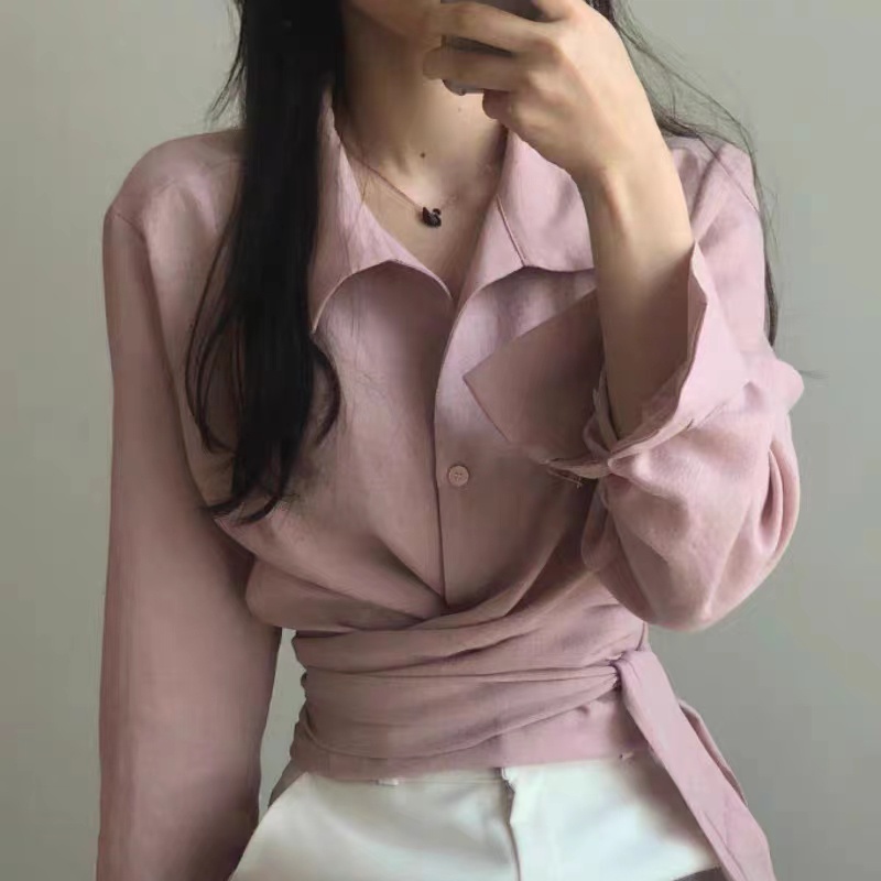 Korean Style Kemeja Lengan Panjang Wanita Polos Tidak Teratur Blouse