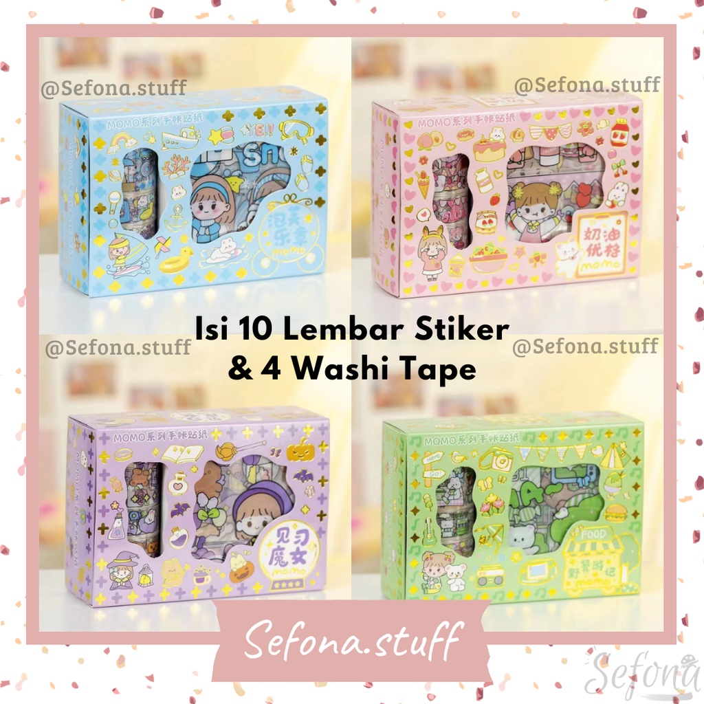 

[10 Stiker & 4 Washi Tape] Stiker Box Motif Kartun Momo, Beruang Anti Air Sticker Hp Laptop DIY Scrapbook Jurnal Lucu Viral