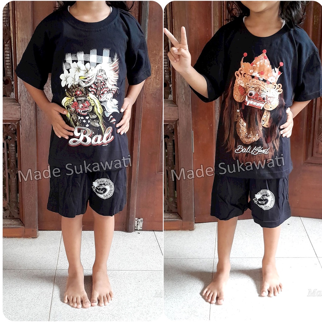 Setelan baju kaos celana anak Katun Barong Rangda Bali Lonto Bocah