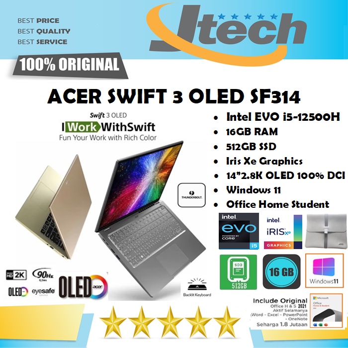 ACER Swift 3 OLED SF314-71 - EVO i5-12500H - 16GB - 512GB SSD - 14&quot;2.8K OLED - WIN11 - OFFICE HOME STUDENT