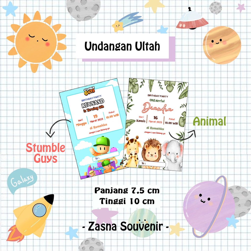 UNDANGAN ULANG TAHUN/BIRTHDAY/INVITATION/CUSTOM/BISA DIKASIH FOTO/ANIMAL/STUMBLE/ASTRONOT/MURAH