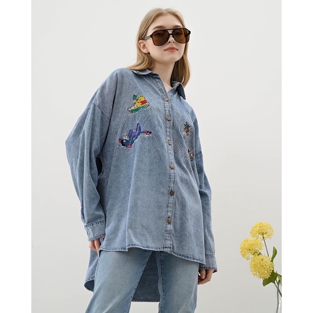 KEMEJA WANITA TANGAN PANJANG JEANS POOH SHIRT - FREE MASKER