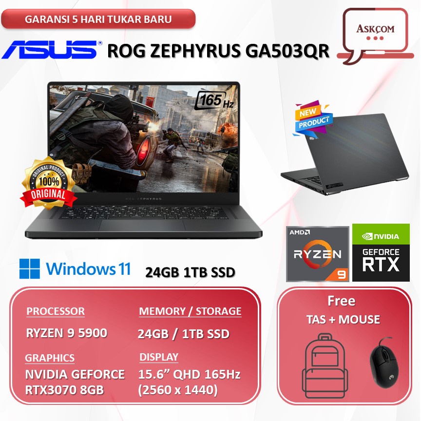 Laptop Gaming Asus Rog Zephyrus GA503QR RTX3070 8GB RYZEN 9 5900 24GB 1TB SSD W11 15.6QHD 165HZ