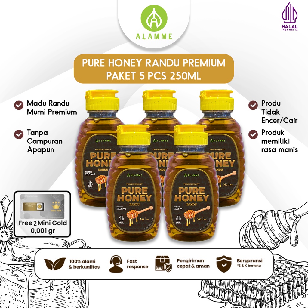 

Alamme Paket Pure Raw Honey Madu Randu Murni 100% Original Premium 250ml isi 5 pcs