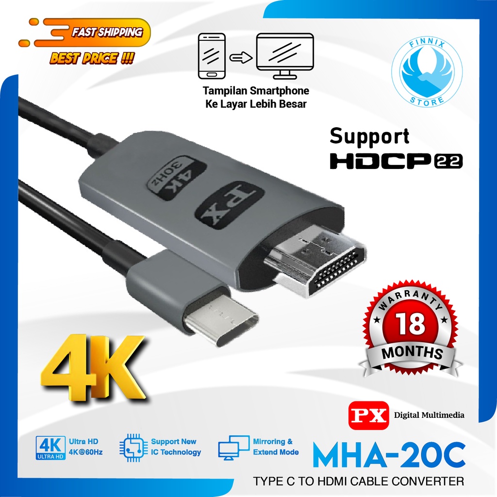 PX MHA-20C Kabel MHL USB Type C to Cable TV Converter 4K 2M