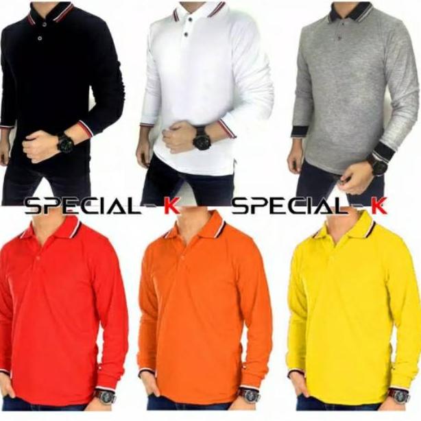 MURAH Kaos polo berkerah lengan panjang pakai lis pria dan wanita kaos polo berkerah lengan panjang 