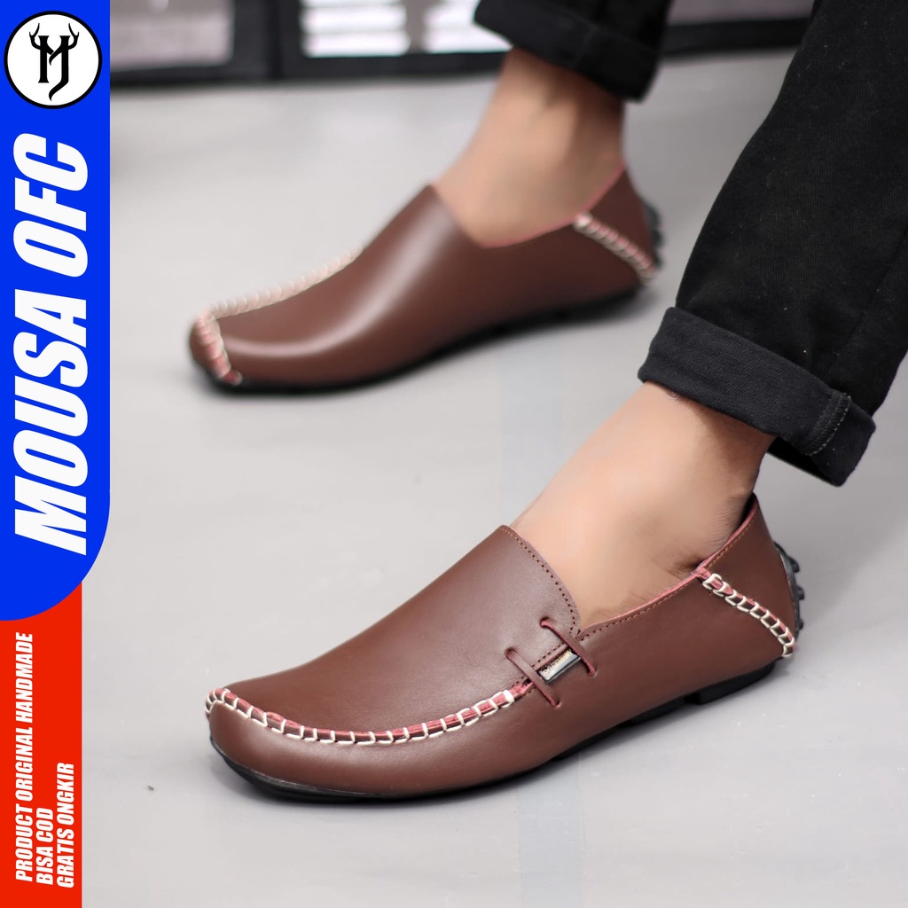 Sepatu Slip On Formal Pantofel Kulit Asli Kerja Pria Hitam Mousa Moclea