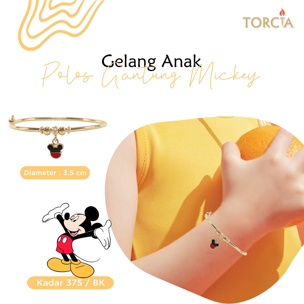 Gelang Bayi dan Anak Emas Asli Polos Gantung Mickey Kadar 375 Torcia