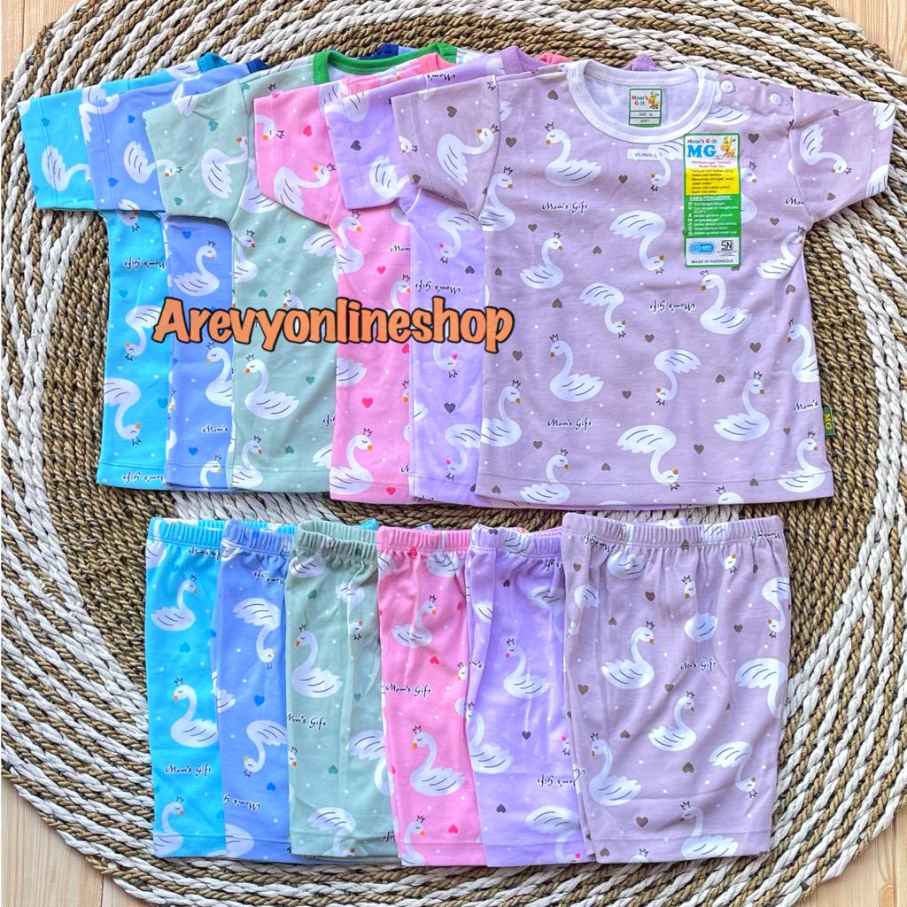 Setelan Baju Bayi Oblong Pendek Anak Moms Gift Baju Pendek Celana Pendek Motif Angsa S M L XL 3 - 24 Bulan