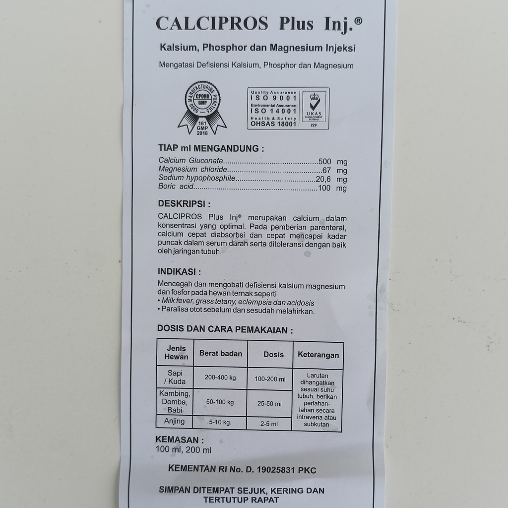 CALCIPROS PLUS Inj 100 mL | Obat Ambruk Kekurangan Kalsium Magnesium Fosfor Sapi Kambing Domba | Obat Sapi Ambruk | Obat Domba Ambruk