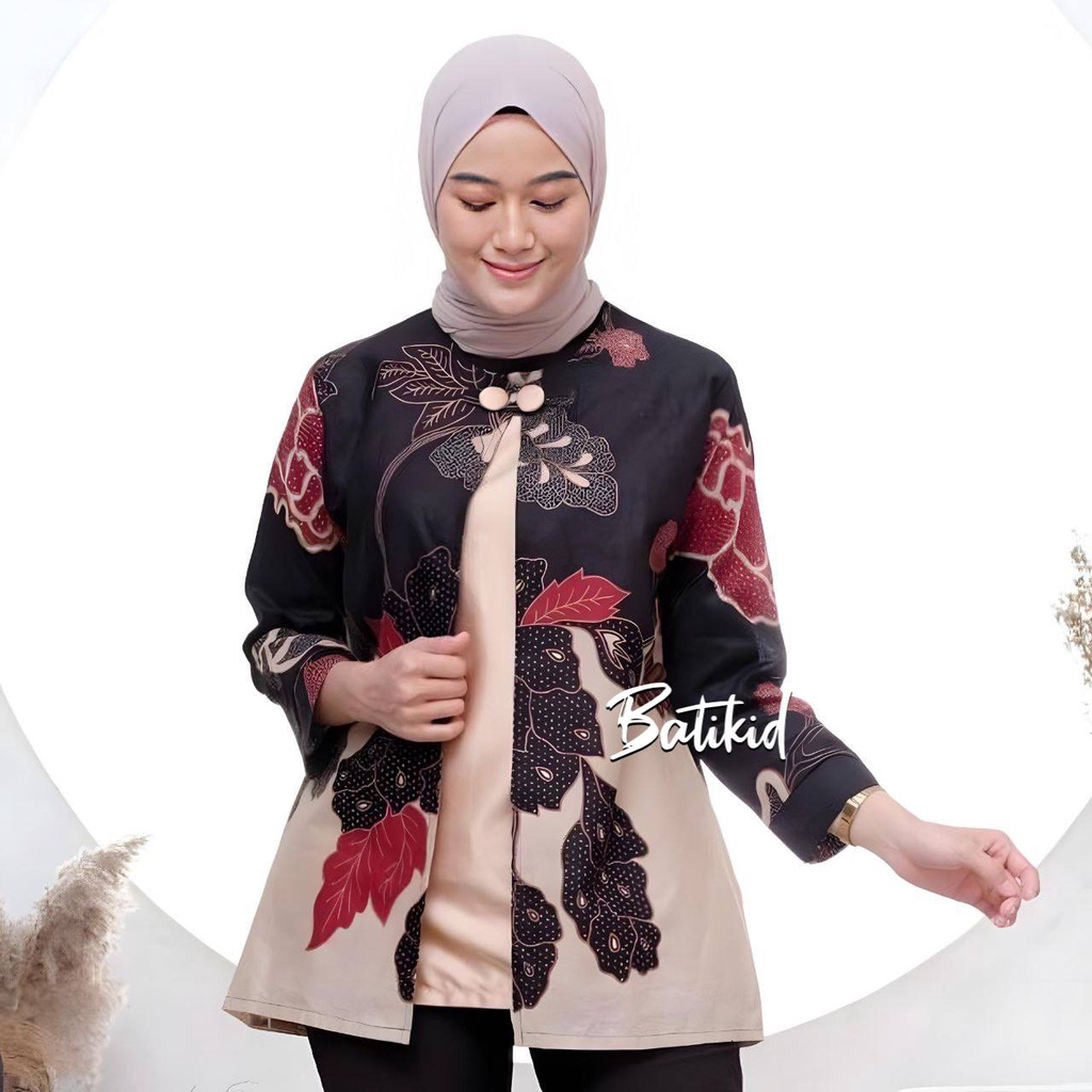 Batikid - Atasan Batik Wanita Kekinian - Blouse Bolero Kombinasi - Mawar Hitam