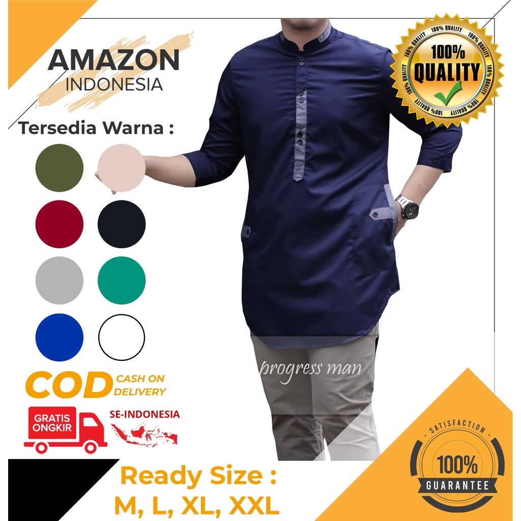 Baju Koko Kurta Dewasa Lengan 3/4 Warna Navy Material Catton Toyobo Adem Serap Keringat