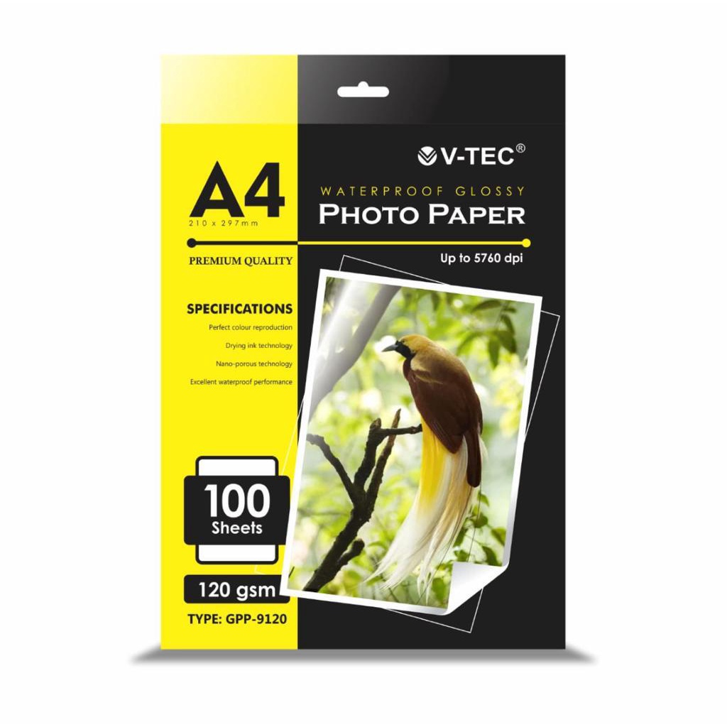 100 Lembar Kertas Photo - V-tec Waterproof Glossy Photo Paper 120 gsm Isi 100 Lembar - V-Tec GPP-9120WP