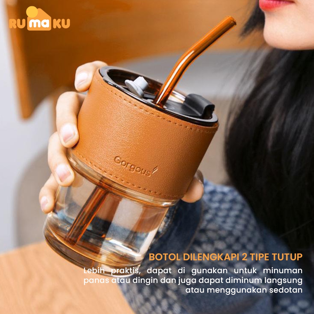 Rumaku Tumbler Kaca 400 ml Gelas Minum Kaca Bening Aesthetic Coffee Cup Anti Tumpah