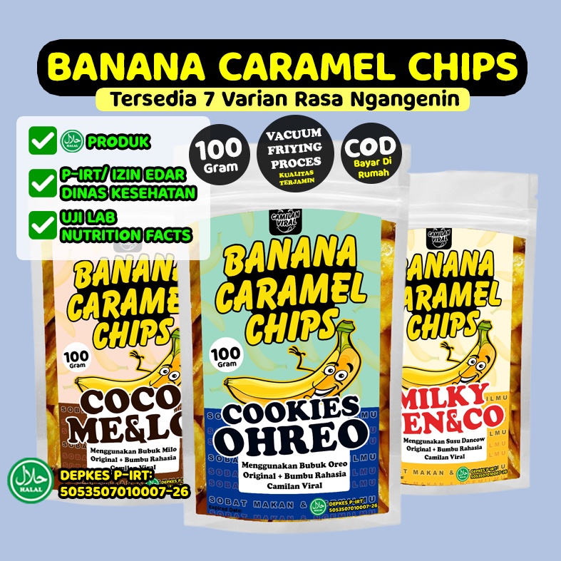 

Keripik Pisang Karamel Manis Aneka Toping Rasa Berat 100 Gram Kemasan STP Bening Tebal dengan Klip Seal - Cemilan Manis