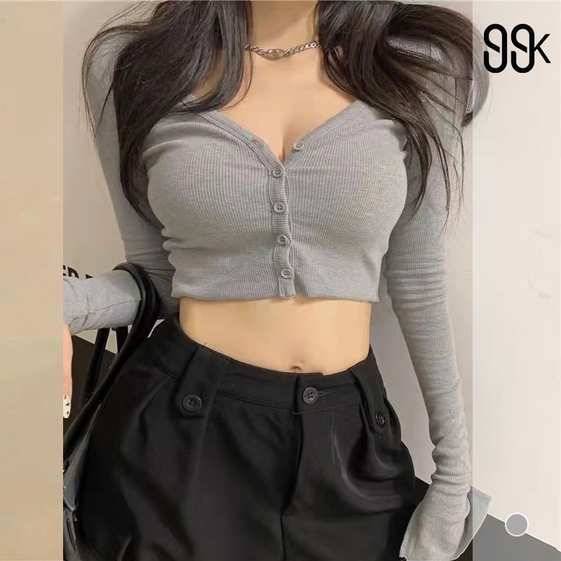 Long Sleeve Button Front Crop Top 1637 (S/M/L/XL)