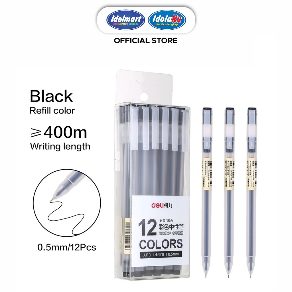 

IDOLMART Deli Pulpen Gel Pen A119 Hitam / Tip 0.5mm Panjang Penulisan Hingga 400m /pcs-Bogor