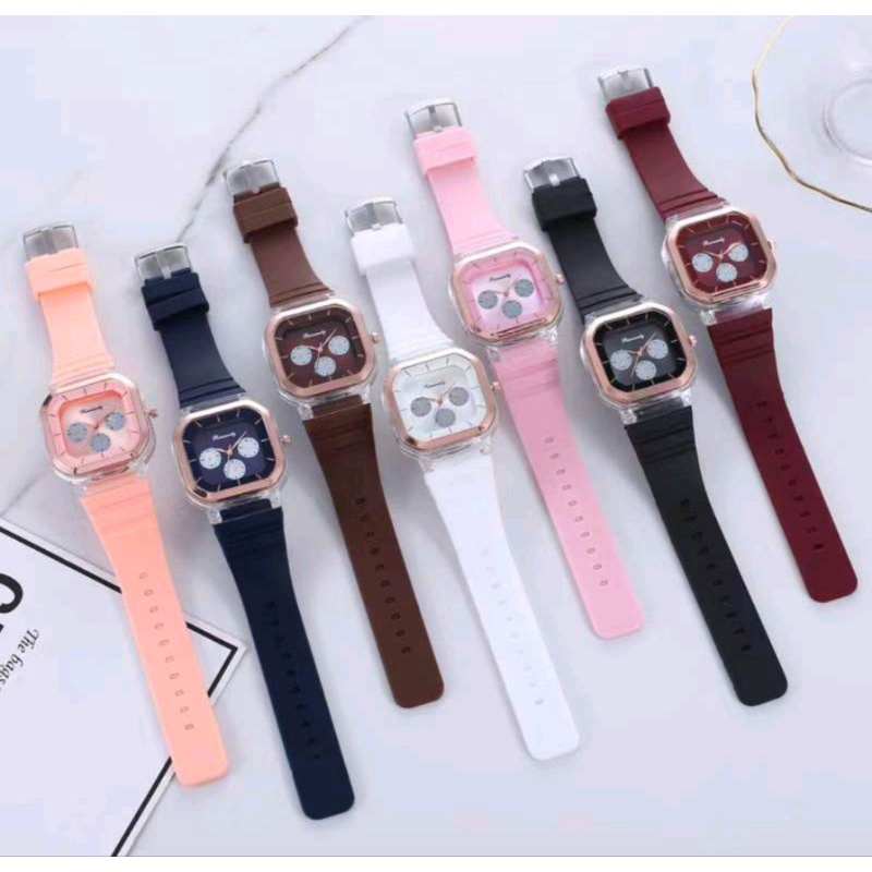 Jam Tangan Rubber Wanita Dial Kotak Analog Korean Style Fashion (010R)