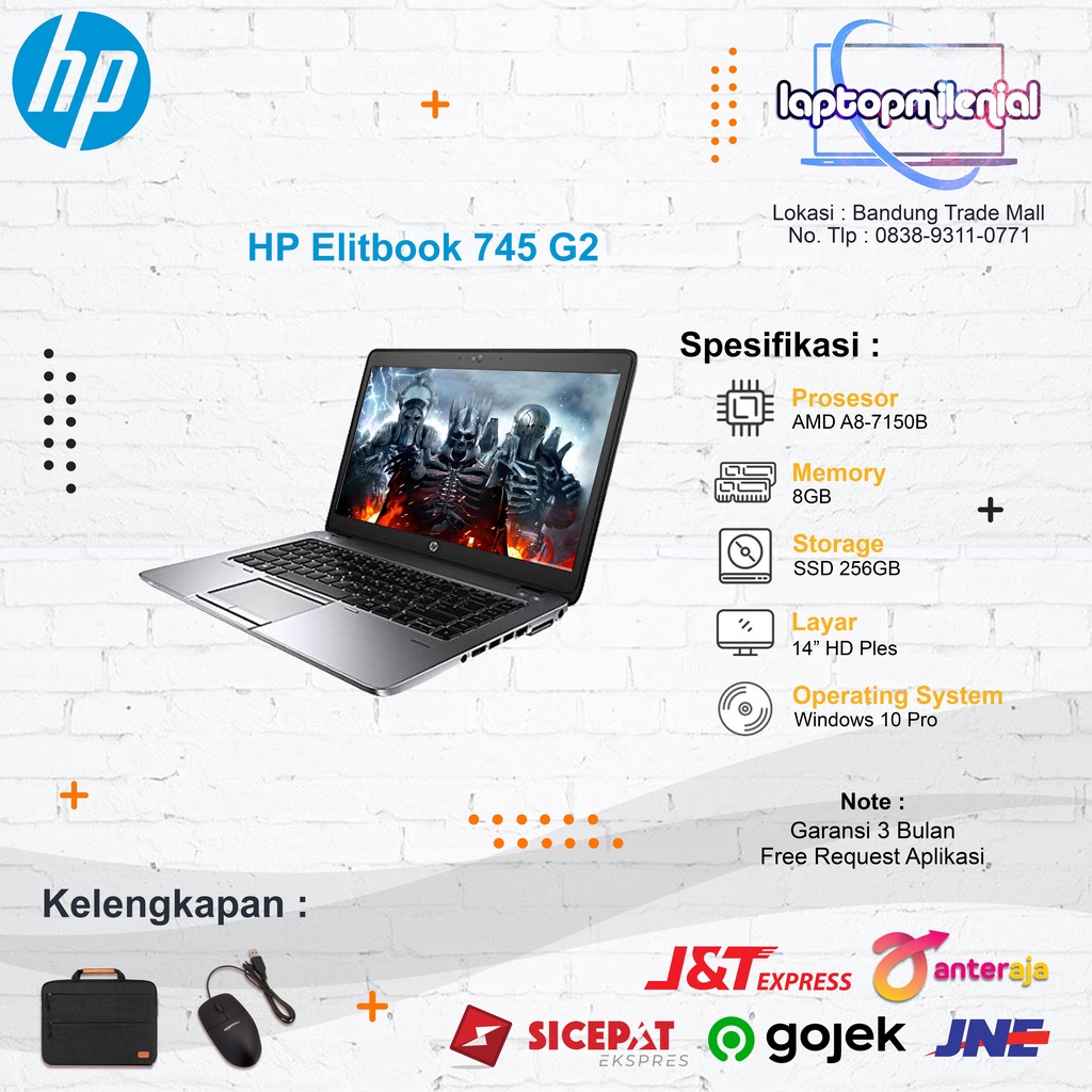 HP Elitbook 745 G2 AMD A8-7150B Ram 8GB SSD 256GB Win 10 Siap Pakai Bergaransi