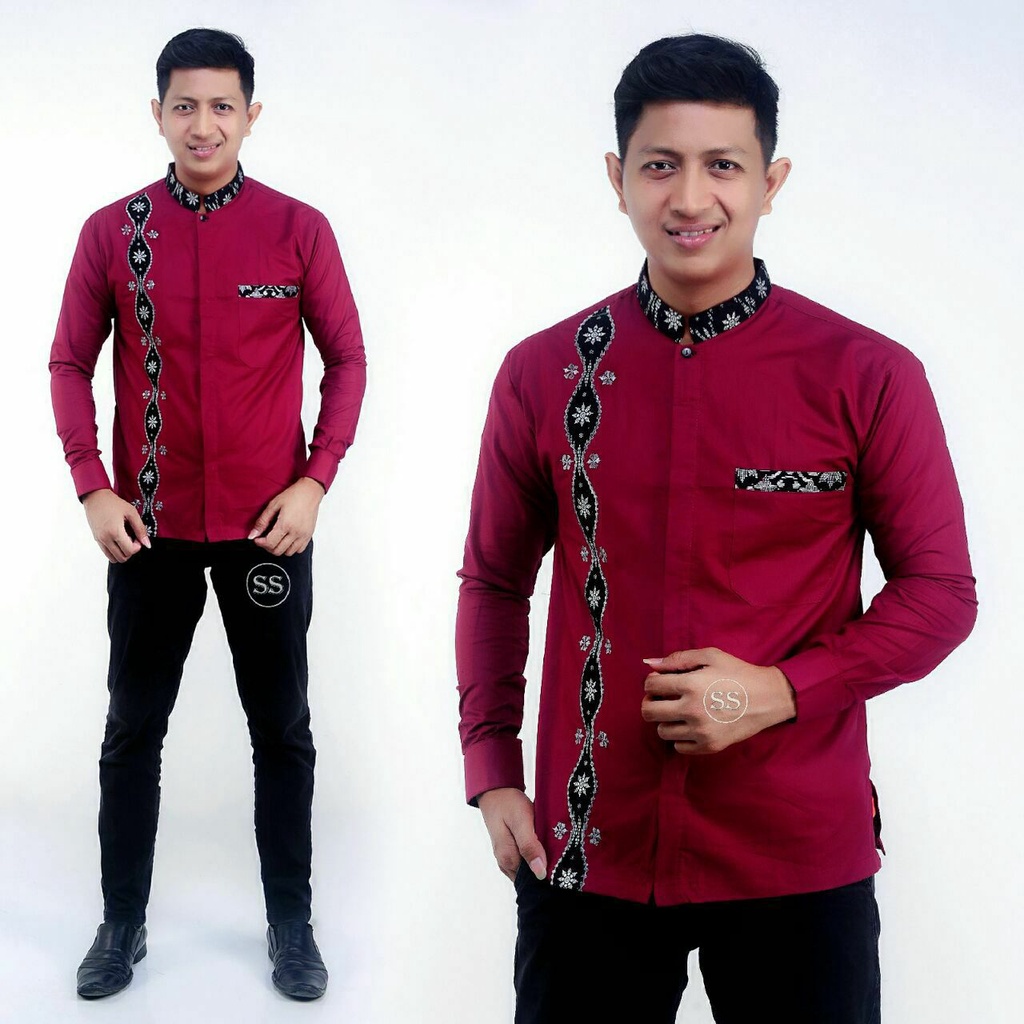baju koko motif rantai merah maroon atasan muslim pria dewasa batik veldanava pekalongan