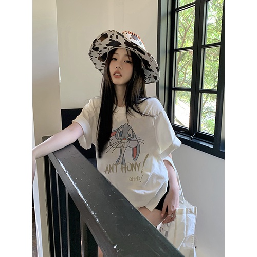 EUNII T-shirt Lengan Pendek Cartoon Fun Bunny Korean Style/Kaos Atasan Wanita/Baju Kaus Oversize Wanita/Kaos Wanita