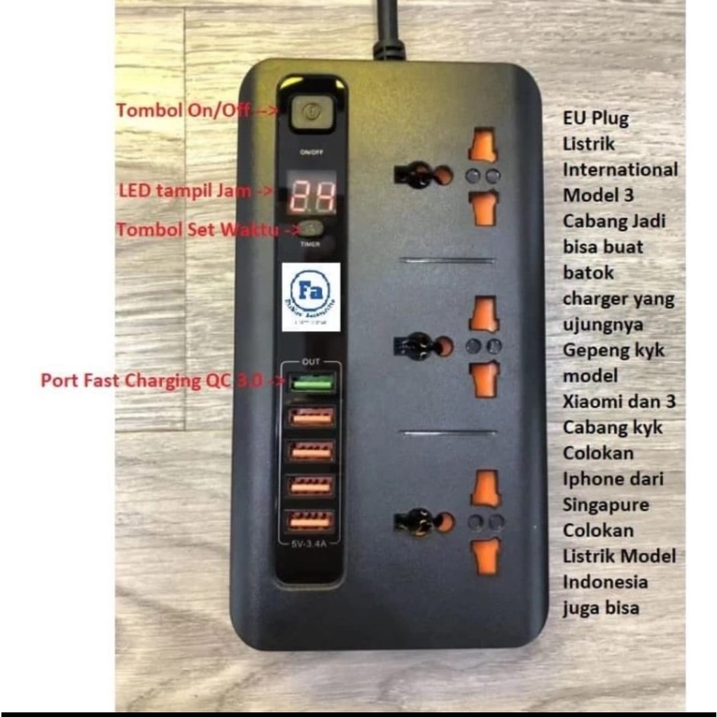 3 soket power 5 Usb Fast Charging Lcd Timer BKL 04 2500watt