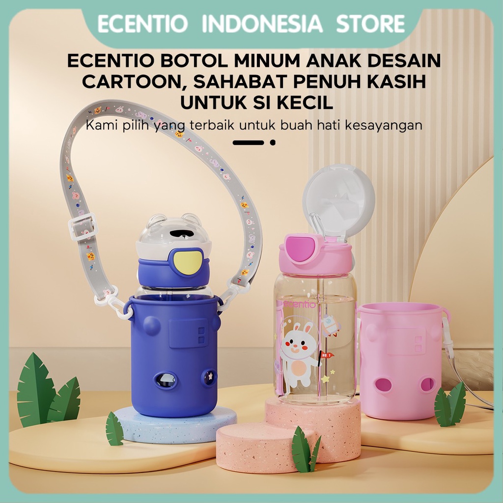 ecentio 600ml Botol Minum Anak Sedotan Dan Tali Anti Tumpah Kartun Botol Air Minum Karakrter Lucu Sippy Cup Water Bottle BPA Free