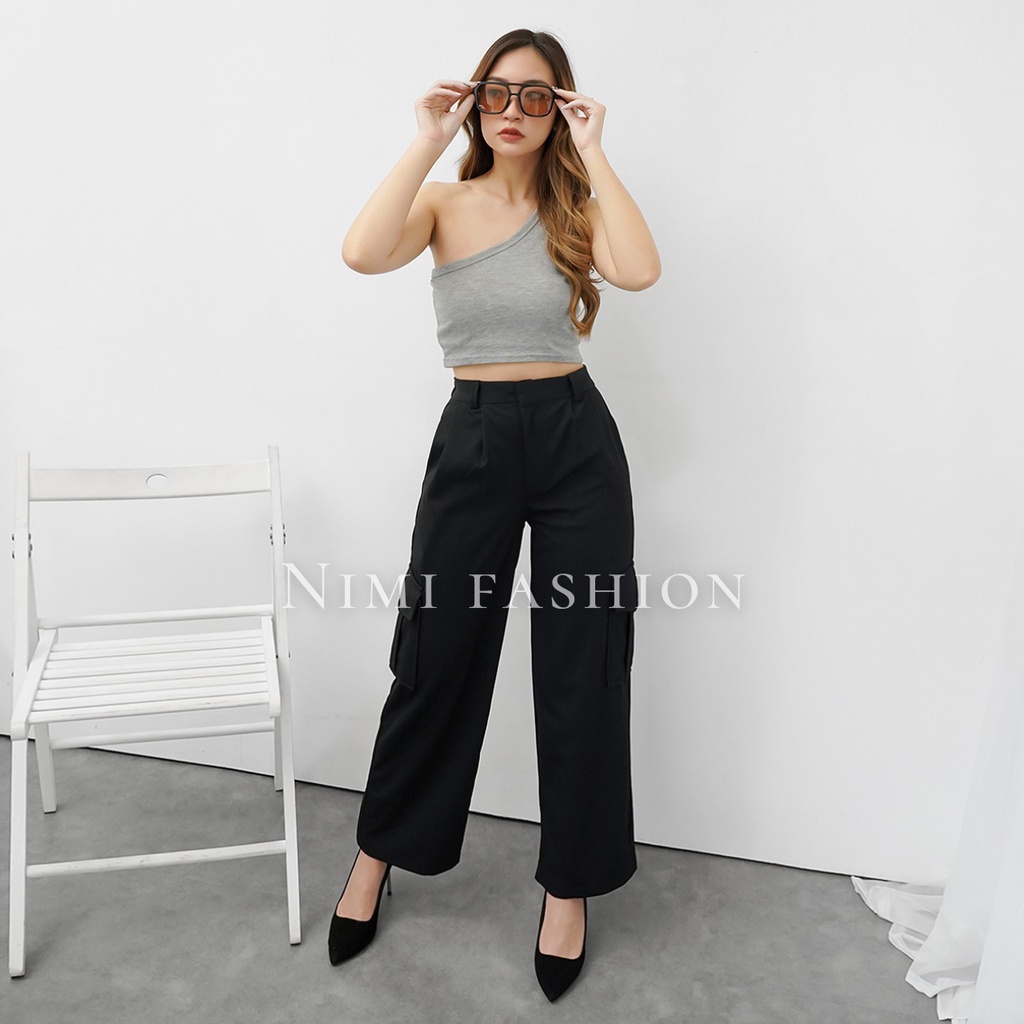 NIMI - Celana Highwaist Loose Cargo Wanita Celana Cullote Cargo Pants Knit Import