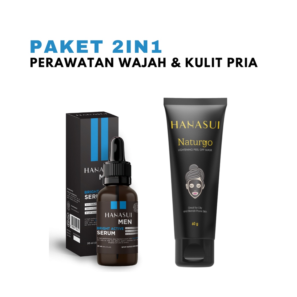 Paket Perawatan Wajah Dan Kulit Pria 3 IN 1 | Hanasui Men Bright Active Serum + Hanasui Masker Naturgo Tube + Hanasui Sabun Bamboo Charcoal