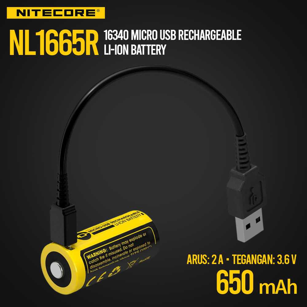 (BISA COD) FTIHSHP NITECORE 16340 Micro USB Rechargeable Li-ion Battery 650 mAh - NL1665R