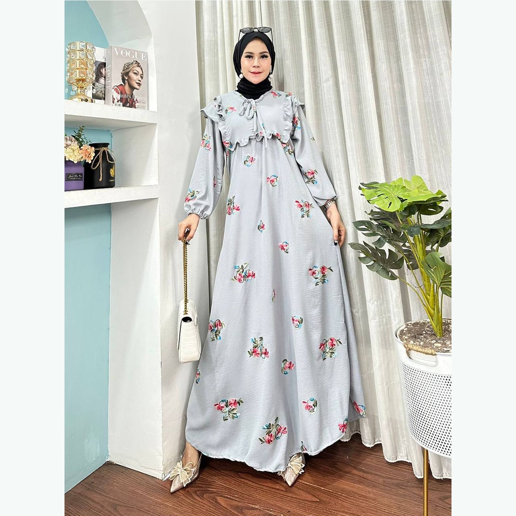 GAMIS CRINKLE AIRFLOW POM POM KEKINIAN MOTIF TERBARU RESLETING DEPAN BUSUI MODERN LONGDRESS CRINCLE BAHAN CRINGKEL