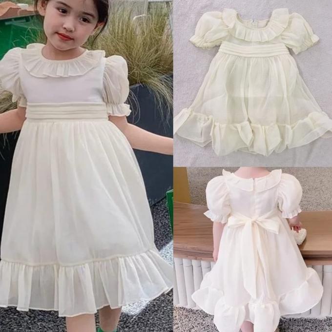 Dress putih anak impor 1-6th gaun pesta lengan balon import gaya korea