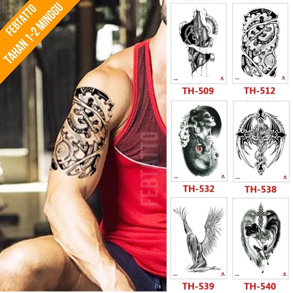 Tato Temporer Ukuran 21cmx15cm Motif Aesthetic Tatto Temporary Stiker Tato Halal Grosir Tato air motif sayap, salib, bunga, perempuan, tribal robot TH 512