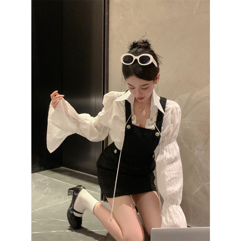 Red Kumikumi design sense drawstring bow tie shirt female spring strap dress short skirt two-piece set